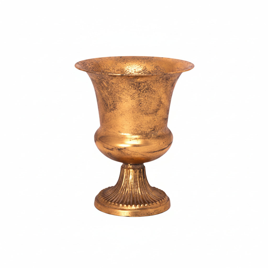 A decorative pedestal cup or vase with a flared rim, textured metallic finish, and fluted base, shown on a plain white background.