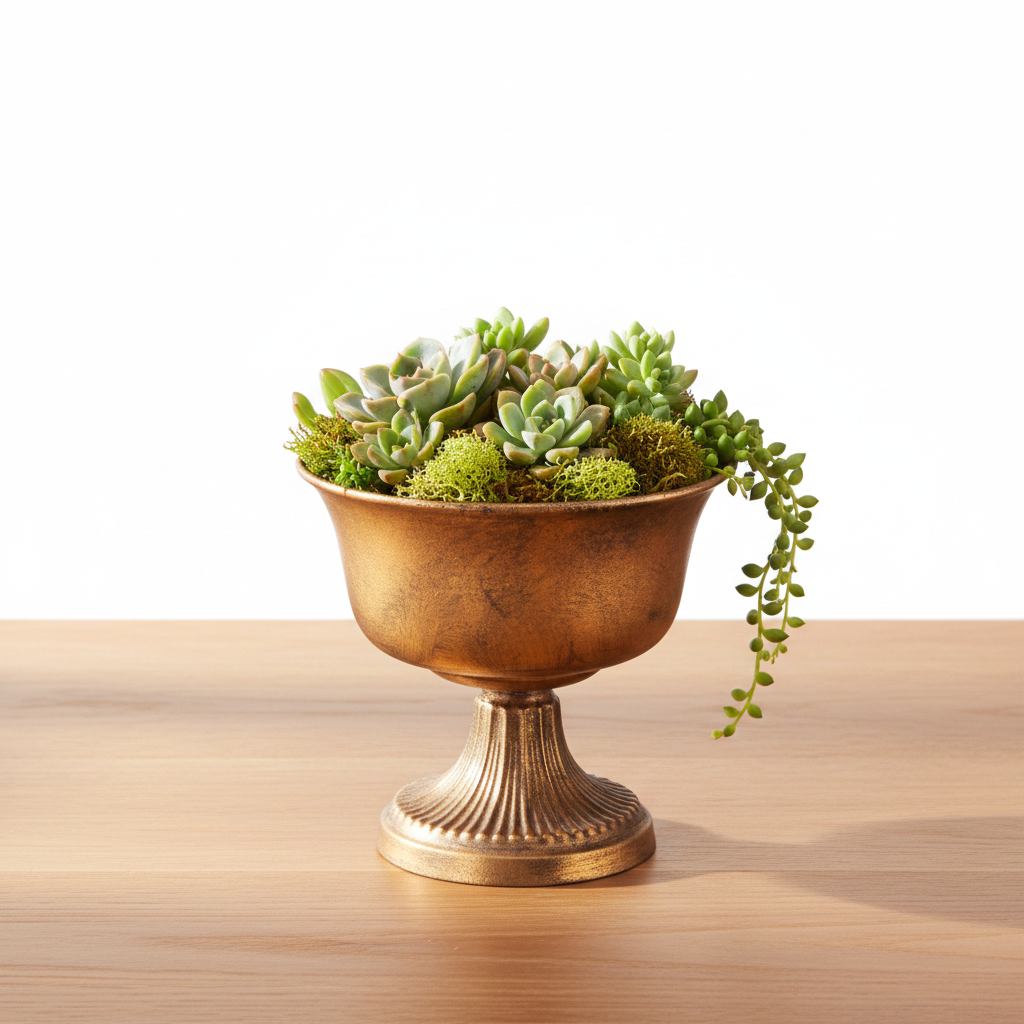 A bronze-colored pedestal planter filled with green succulent plants, set on a light wood tabletop against a white background.