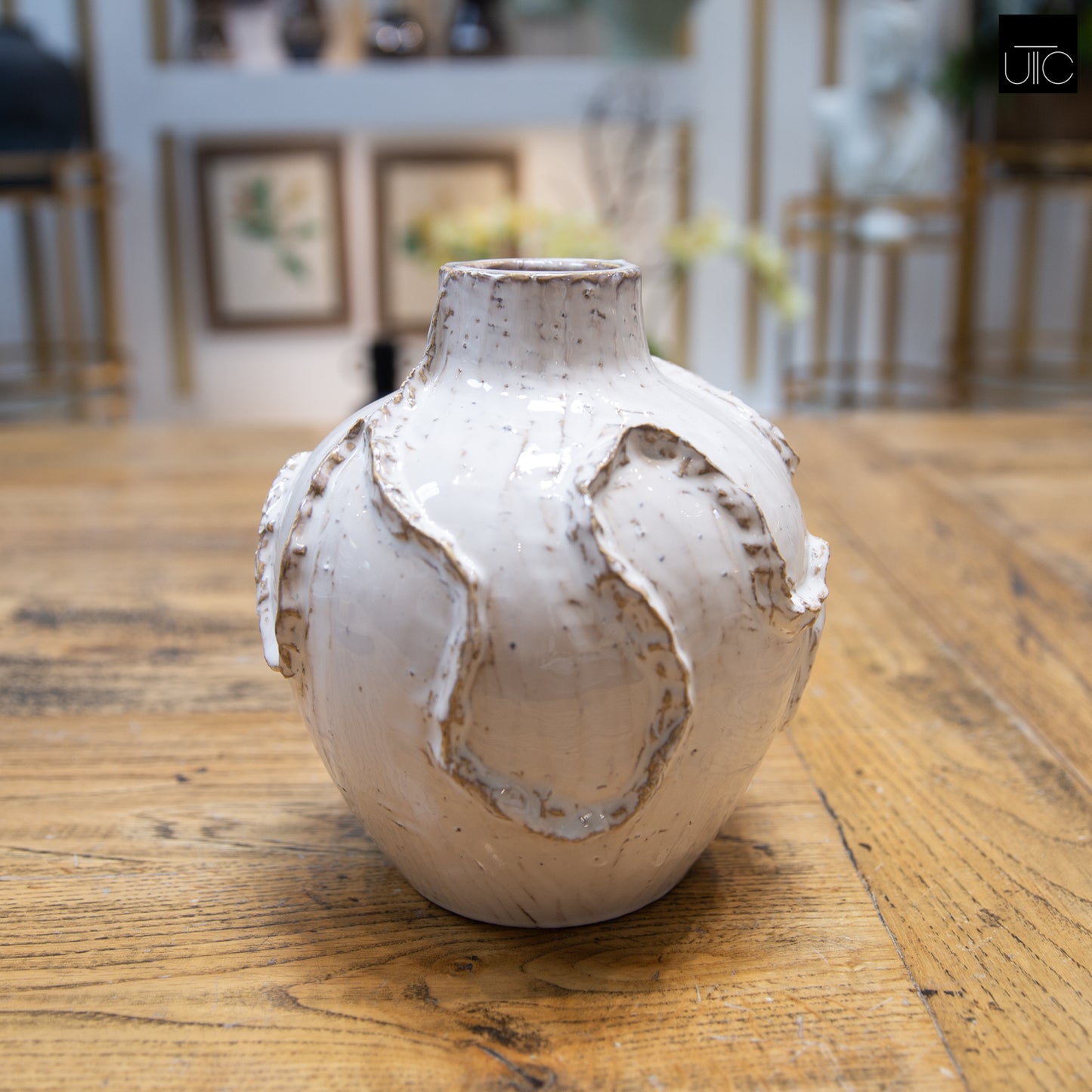 Ceramic Vase Finish White And Beige-7.75"H - 2