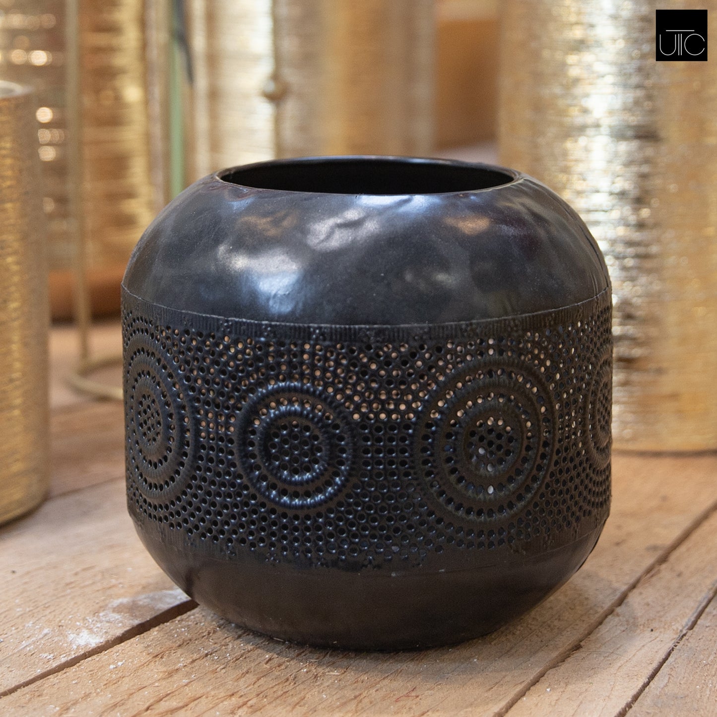 Olea Metal Round Candle Holder with Banded Pinhole Pattern