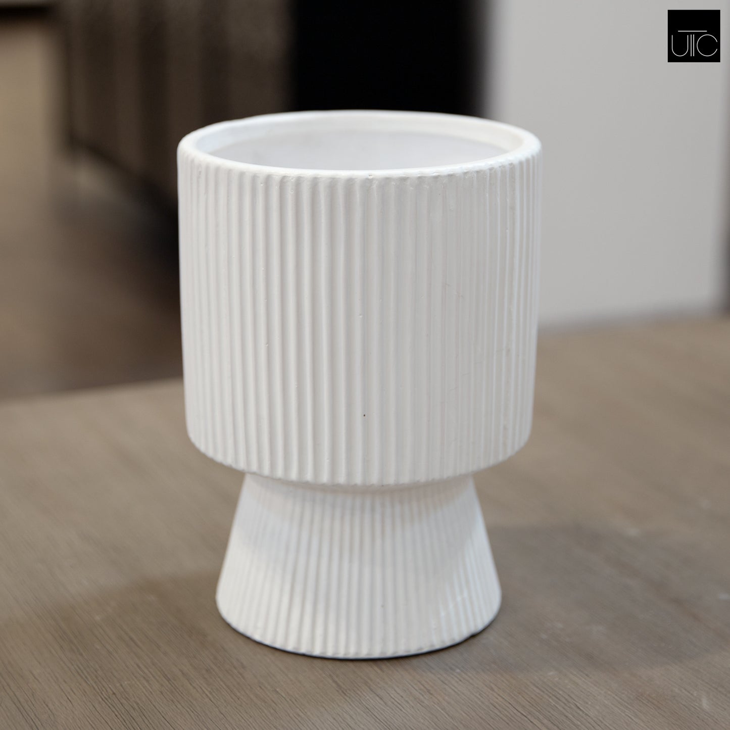 Oksana Ribbed Stoneware Vase with Tapered Pedestal Base