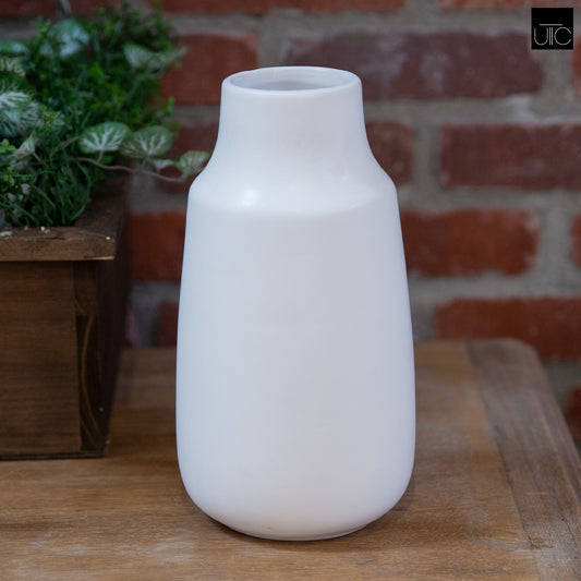 Ceramic Tall Round Bellied Vase Matte Finish White-9.75"H