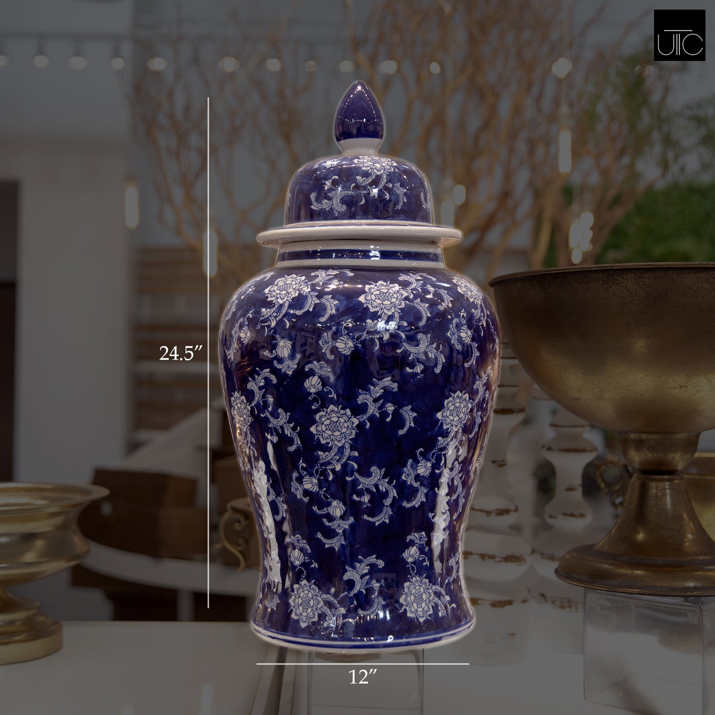 Ceramic Round Bellied Chinoiserie Ginger/Temple Jar Gloss Finish Blue&White-24.50"H -100