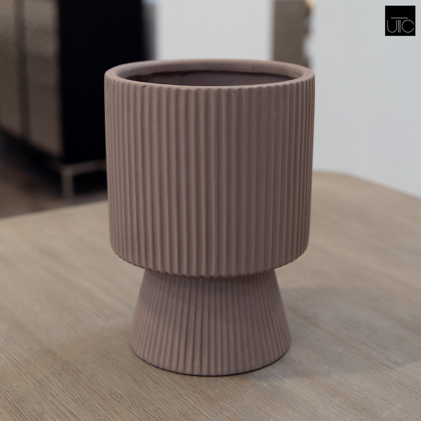 Oksana Ribbed Stoneware Vase with Tapered Pedestal Base