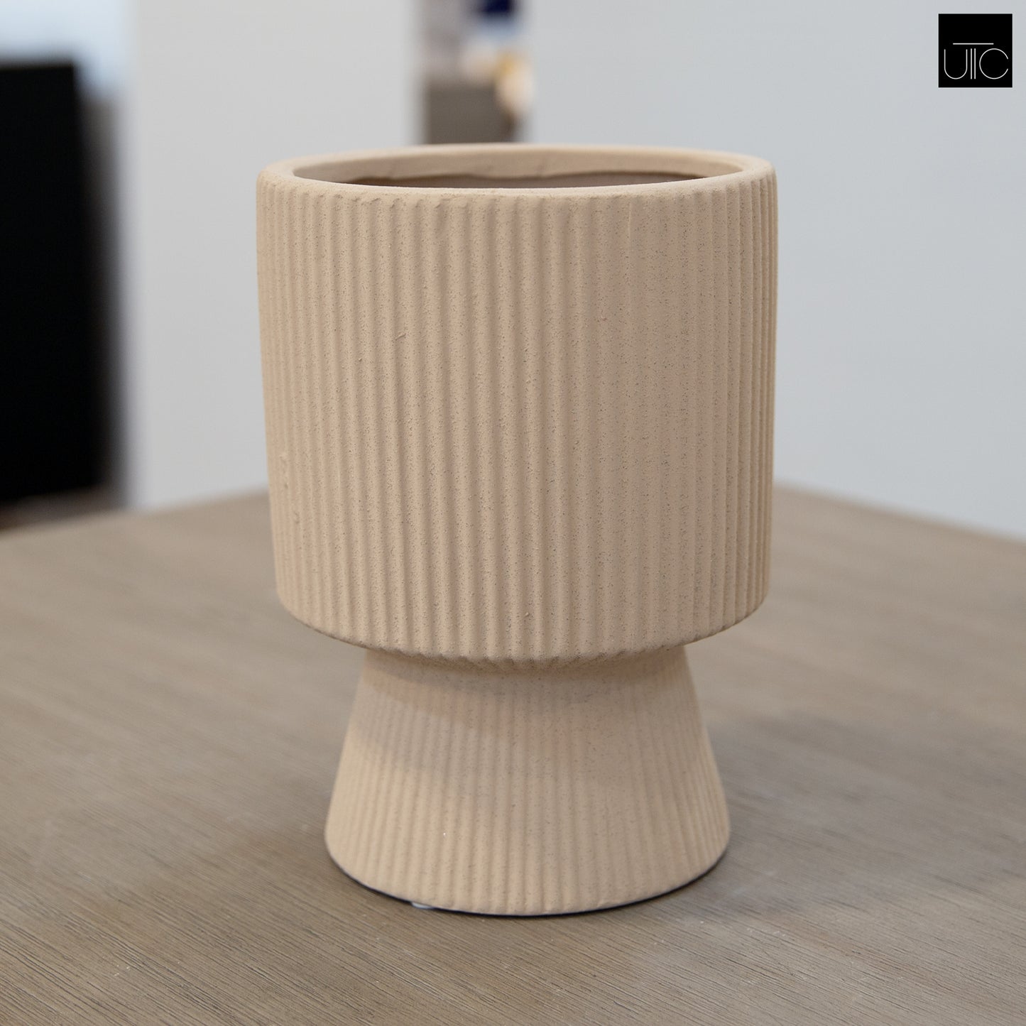 Oksana Ribbed Stoneware Vase with Tapered Pedestal Base