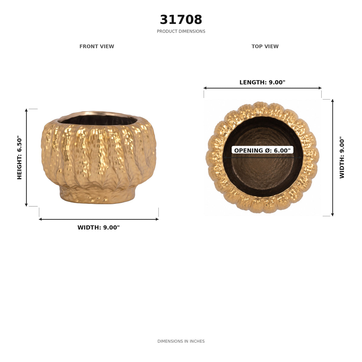 Product dimensions diagram for a textured metallic gold planter pot, showing front and top views with measurements in inches on a white background.