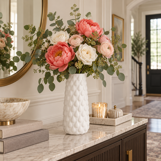 A white textured ceramic vase filled with a floral arrangement of coral peonies, blush roses, and green eucalyptus, styled on a marble console table in a bright, elegant hallway.