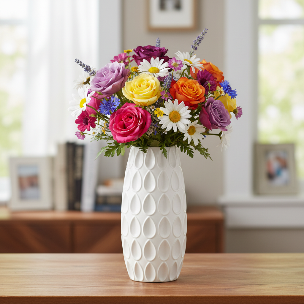 Selma Ceramic Round Vase with Debossed Water Drops Design