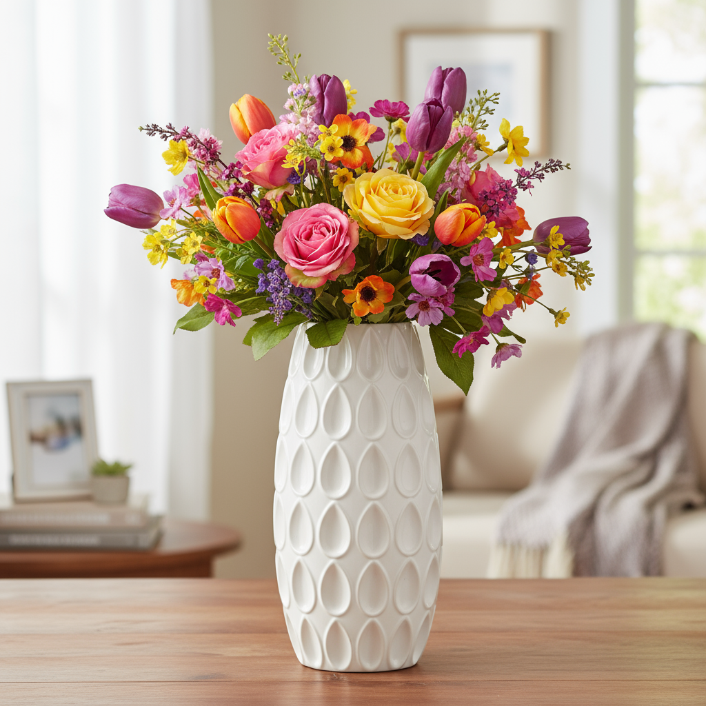 Selma Ceramic Round Vase with Debossed Water Drops Design