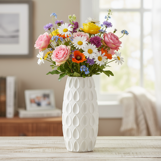 Selma Ceramic Round Vase with Debossed Water Drops Design