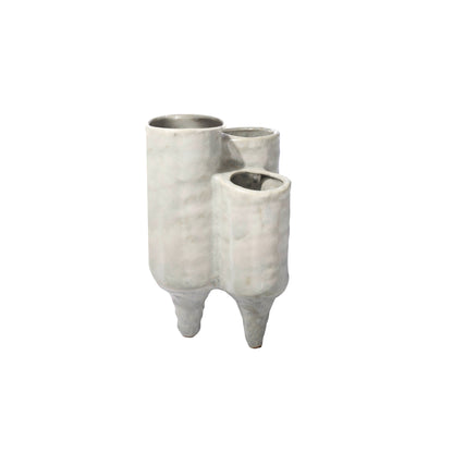 Two ceramic vases with a distressed finish in ivory color, featuring a wide top opening and a banded tapered bottom.