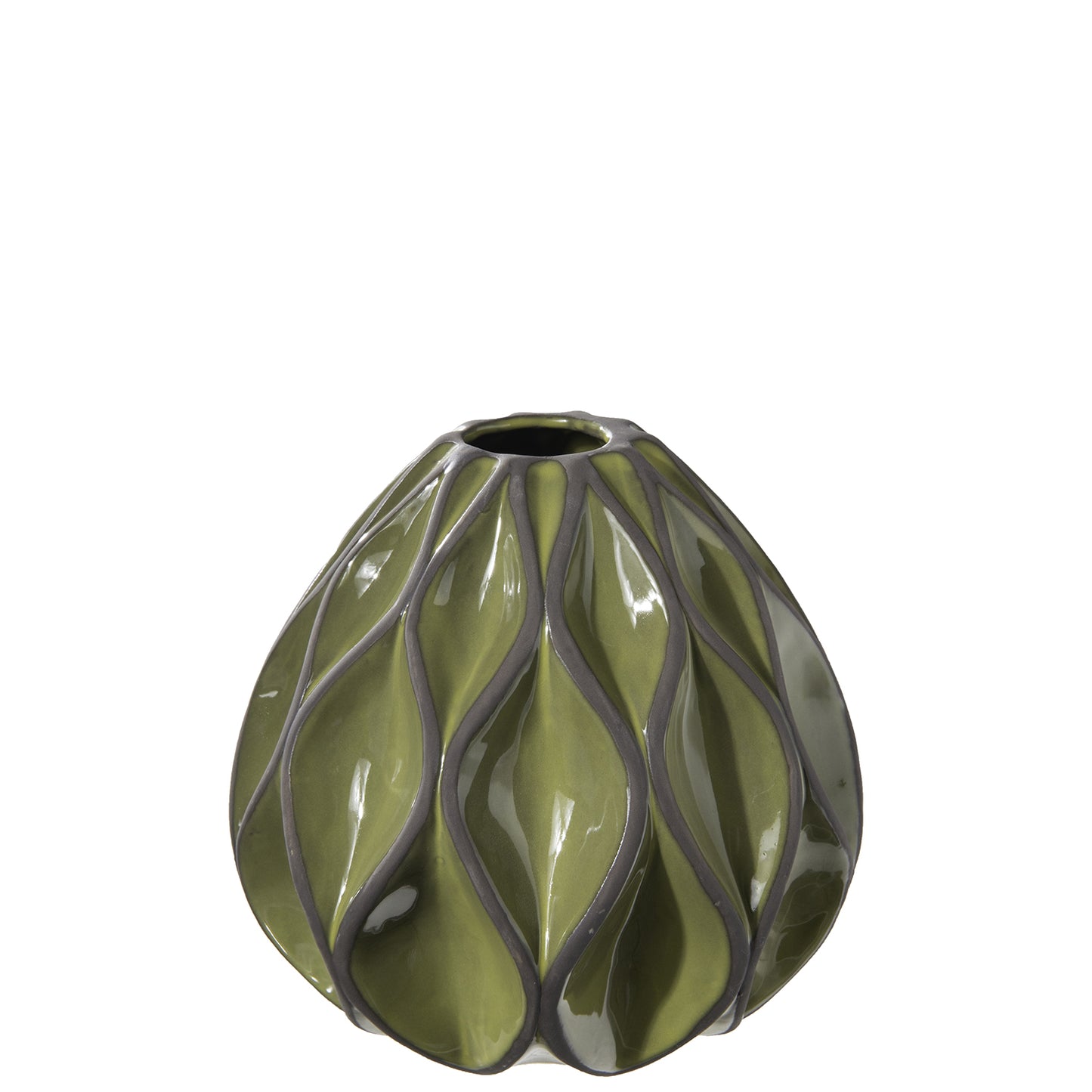 Green ceramic vase with wavy patterns on a white background