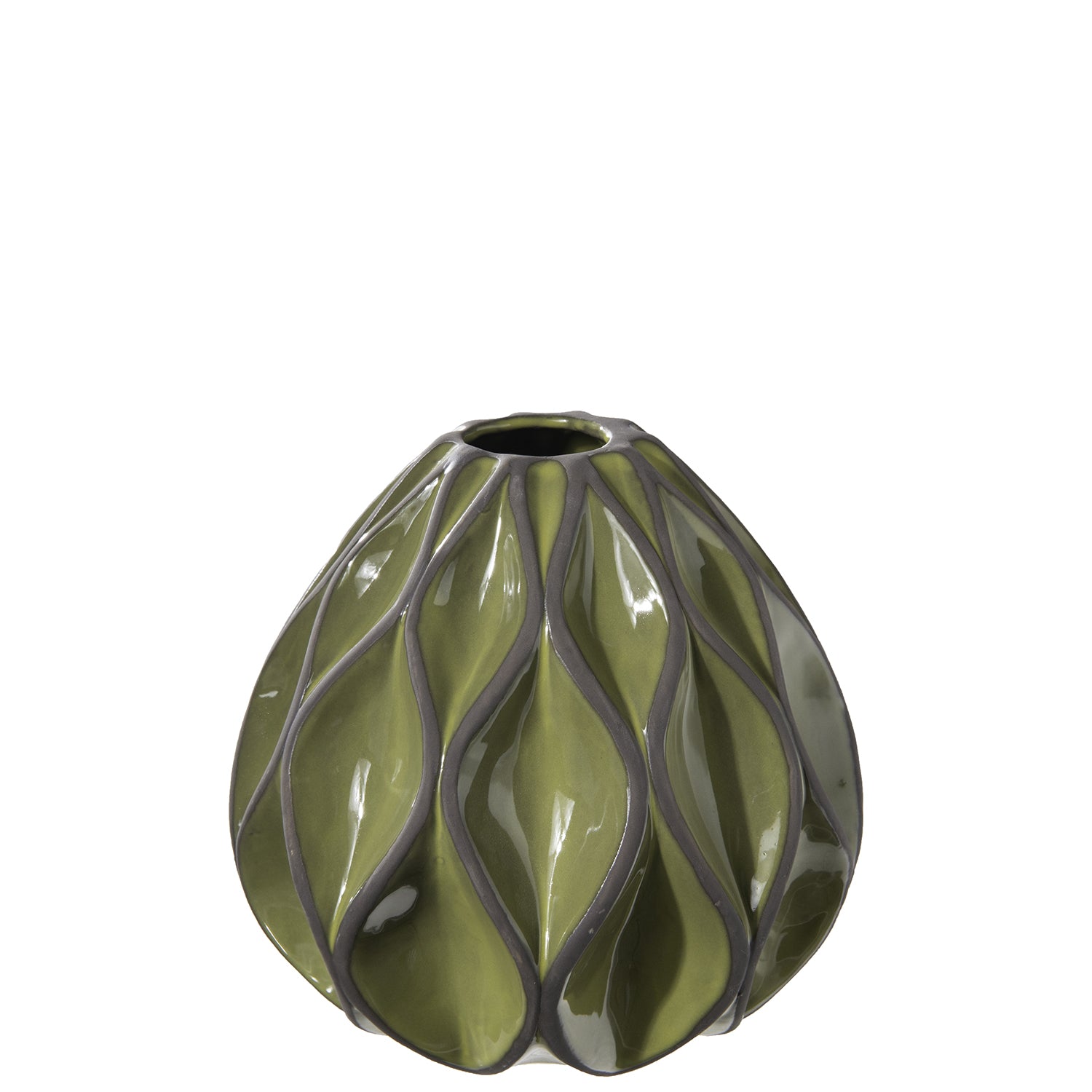Green ceramic vase with wavy patterns on a white background