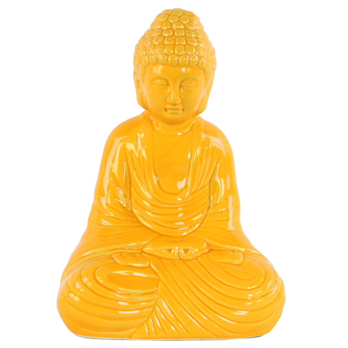 A glossy yellow ceramic Buddha statue in a seated meditation pose, centered on a plain white background.