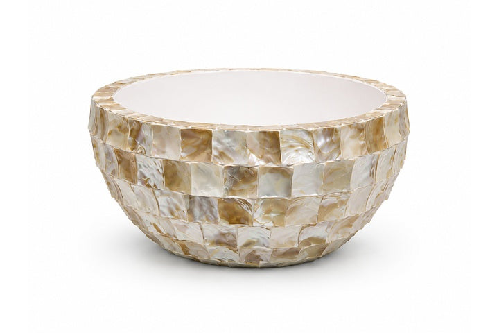 Opalescent-Tiled Fiber Glass Planter With Rounded Bowl Silhouette and Pearly Shell-Finish