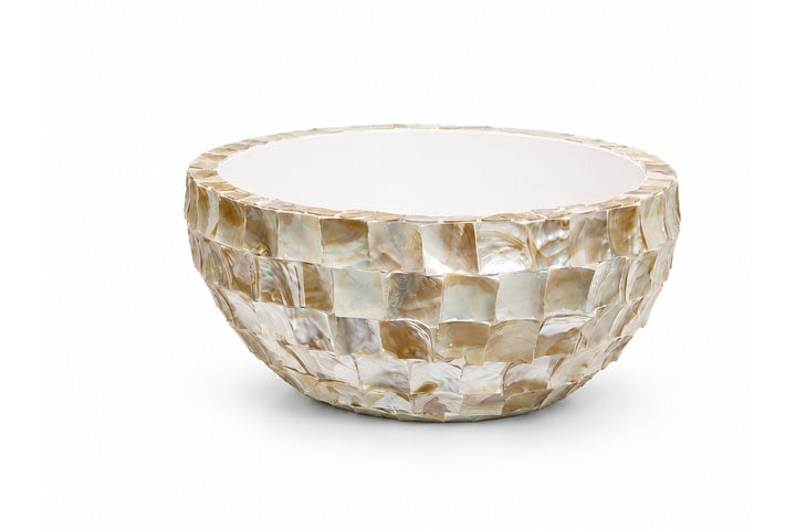 Opalescent-Tiled Fiber Glass Planter With Rounded Bowl Silhouette and Pearly Shell-Finish
