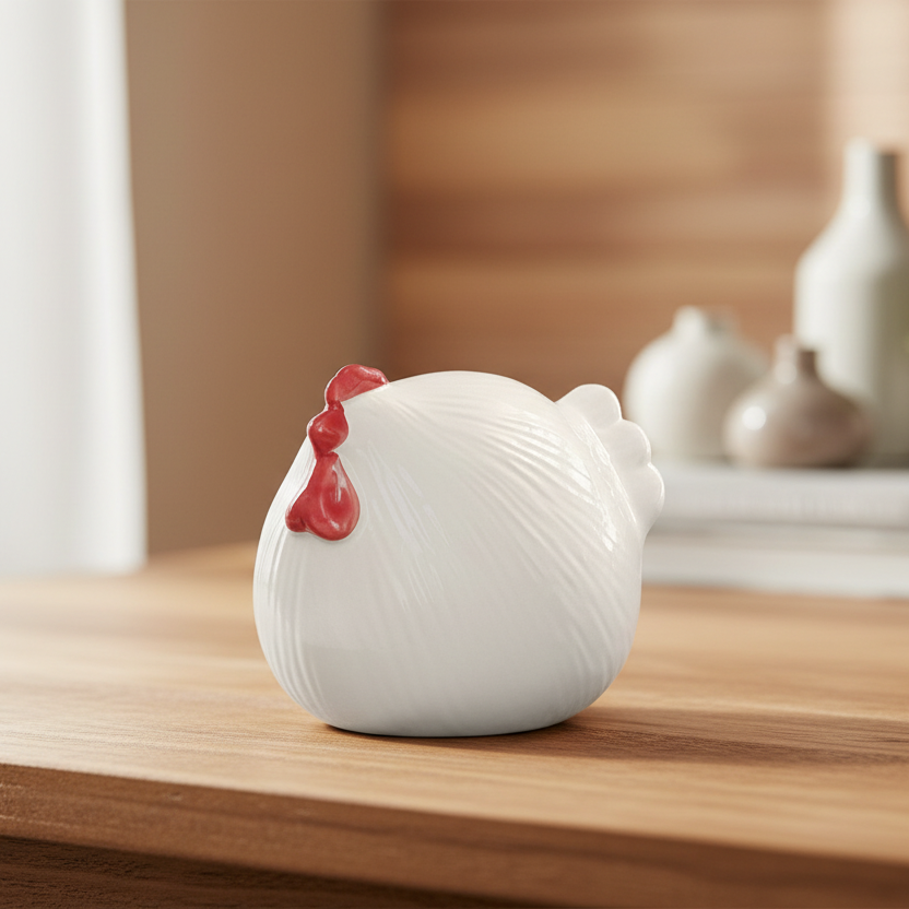 Giulia Ceramic Round Hen Figurine with Red Accents