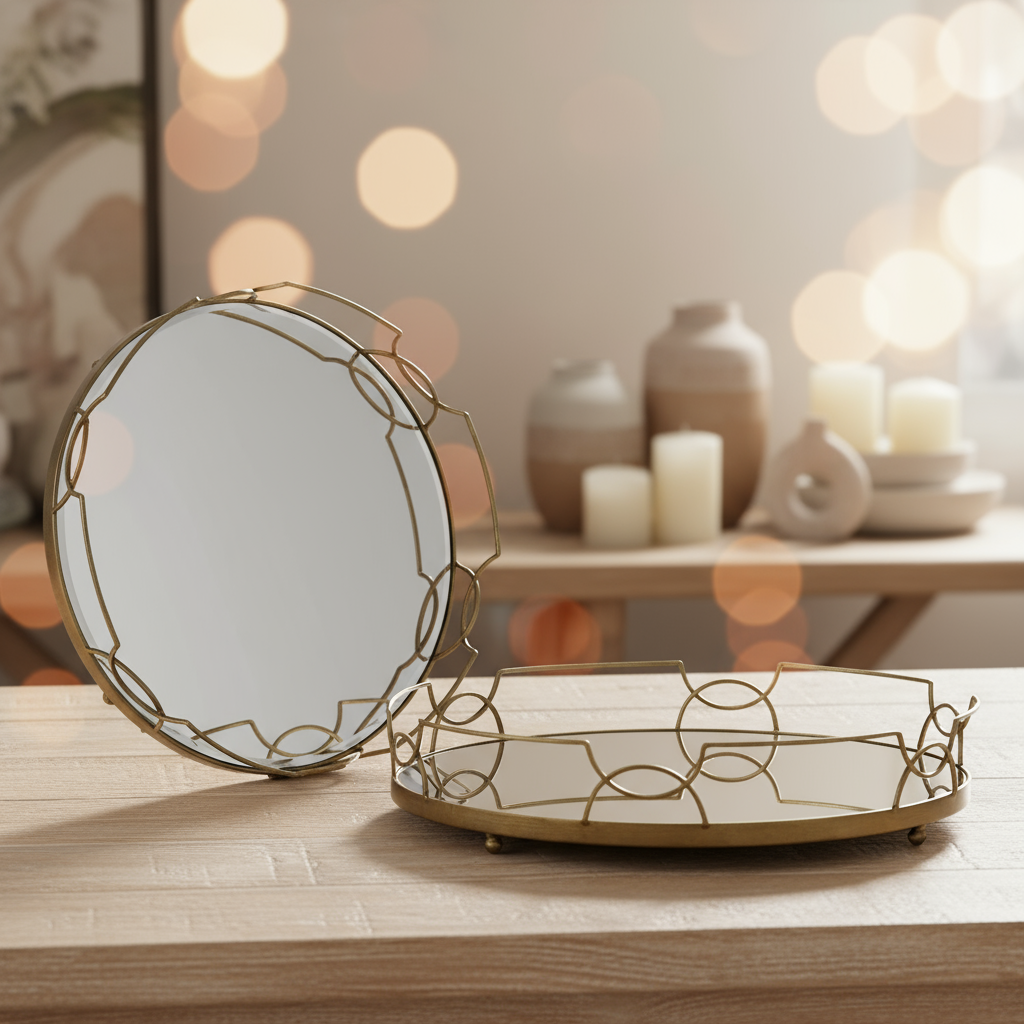 Jacinta Metal Tray Set with Mirror Surface and Handles (Set of 2)