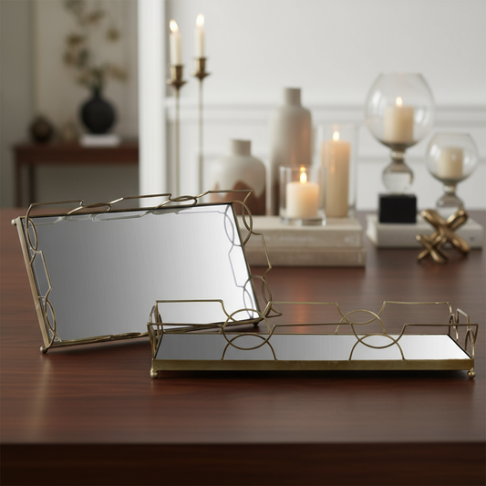 Jacinta Metal Tray Set with Mirror Surface and Handles (Set of 2)
