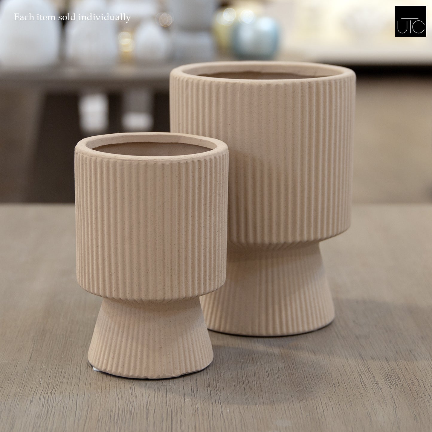 Oksana Ribbed Stoneware Vase with Tapered Pedestal Base