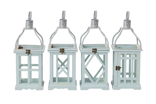 Wood Square Lantern Natural Finish Blue..16.00"H