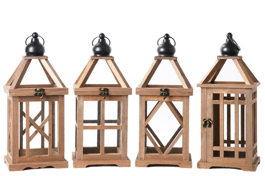 Wood Lantern Assortment of Four Stained Wood Finish Dark Brown-15.75"H