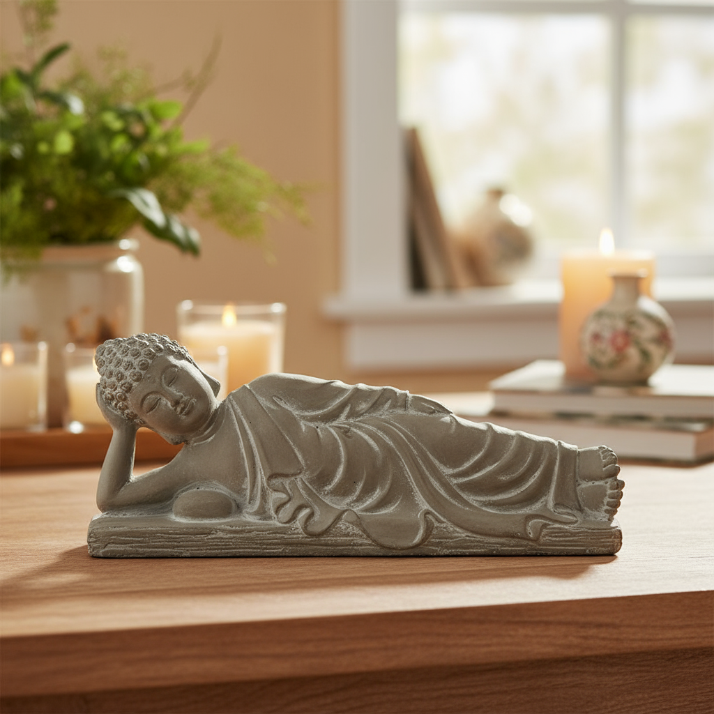 Jamarni Cement Side Lying Buddha Figurine with Hand on Head