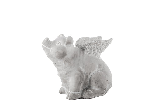 Cement Sitting Winged Piglet Figurine Washed Concrete Finish Gray-6.50"H