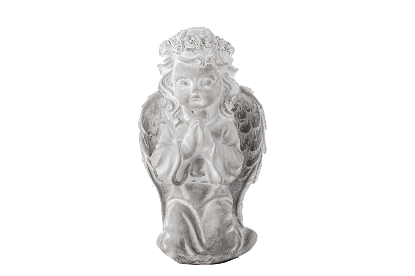 Cement Praying Cherubim Figurine Washed Concrete Finish Gray-9.00"H