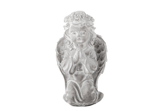 Cement Praying Cherubim Figurine Washed Concrete Finish Gray-9.00"H