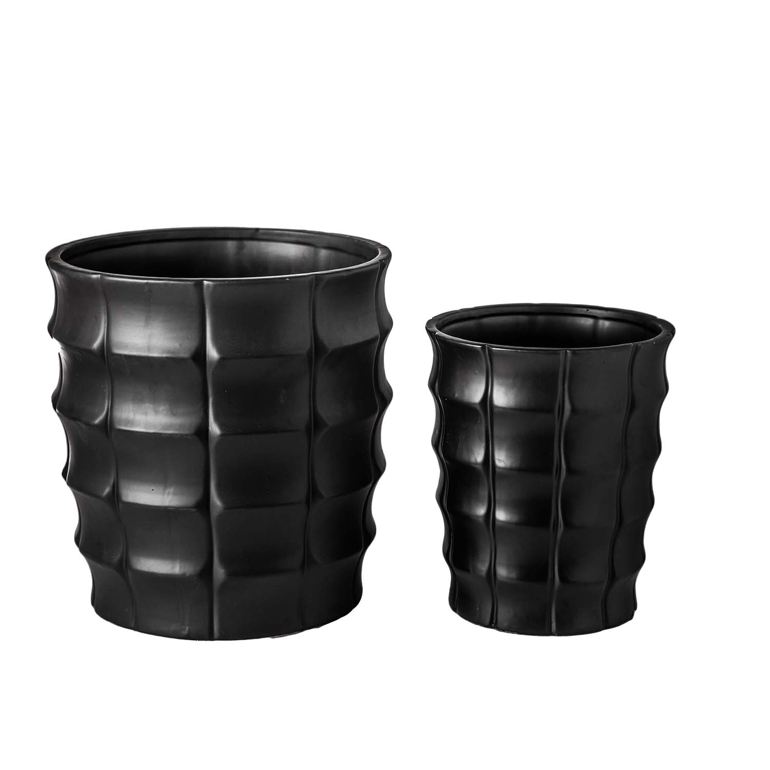 Two black textured planters on a white background