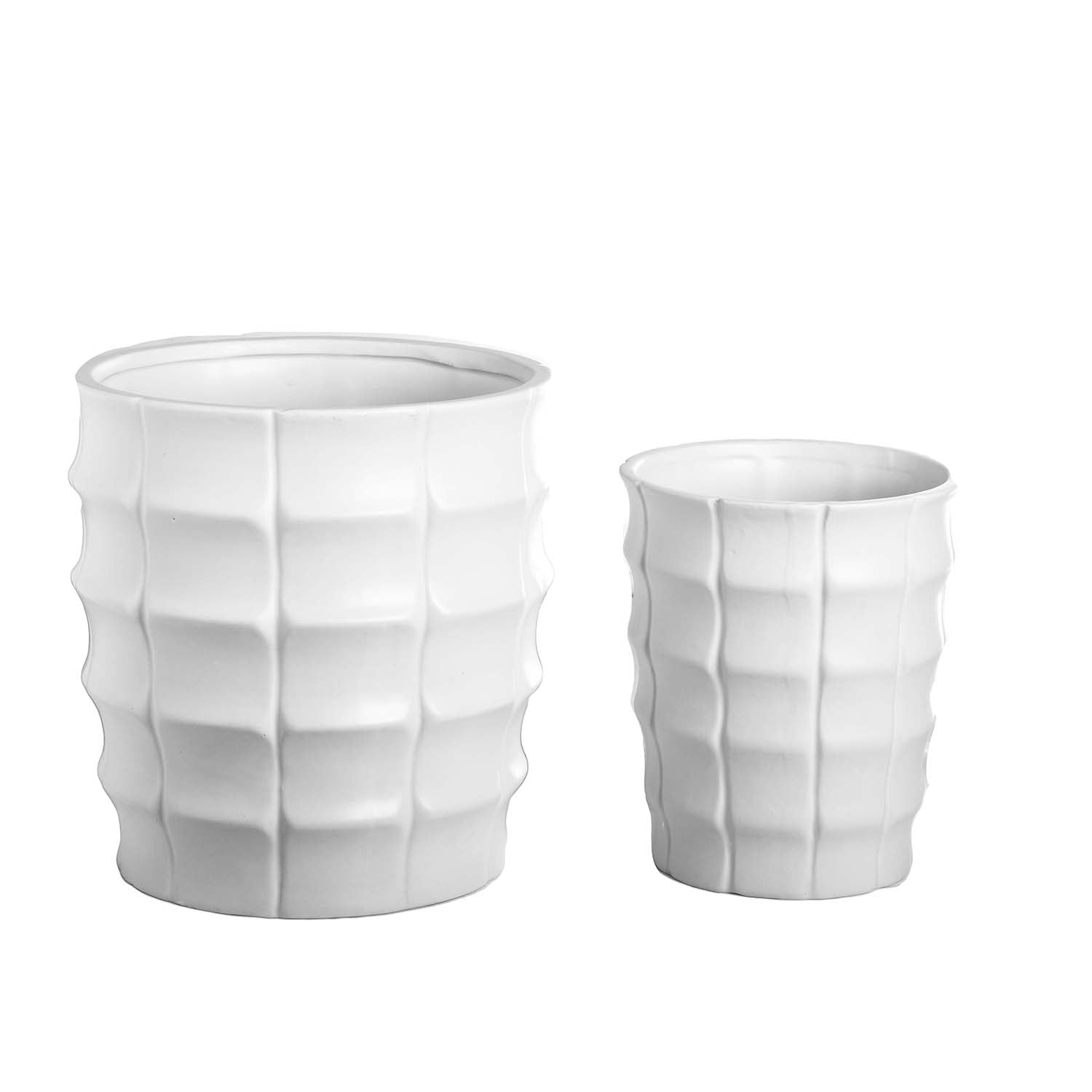 Two white textured ceramic vases on a white background