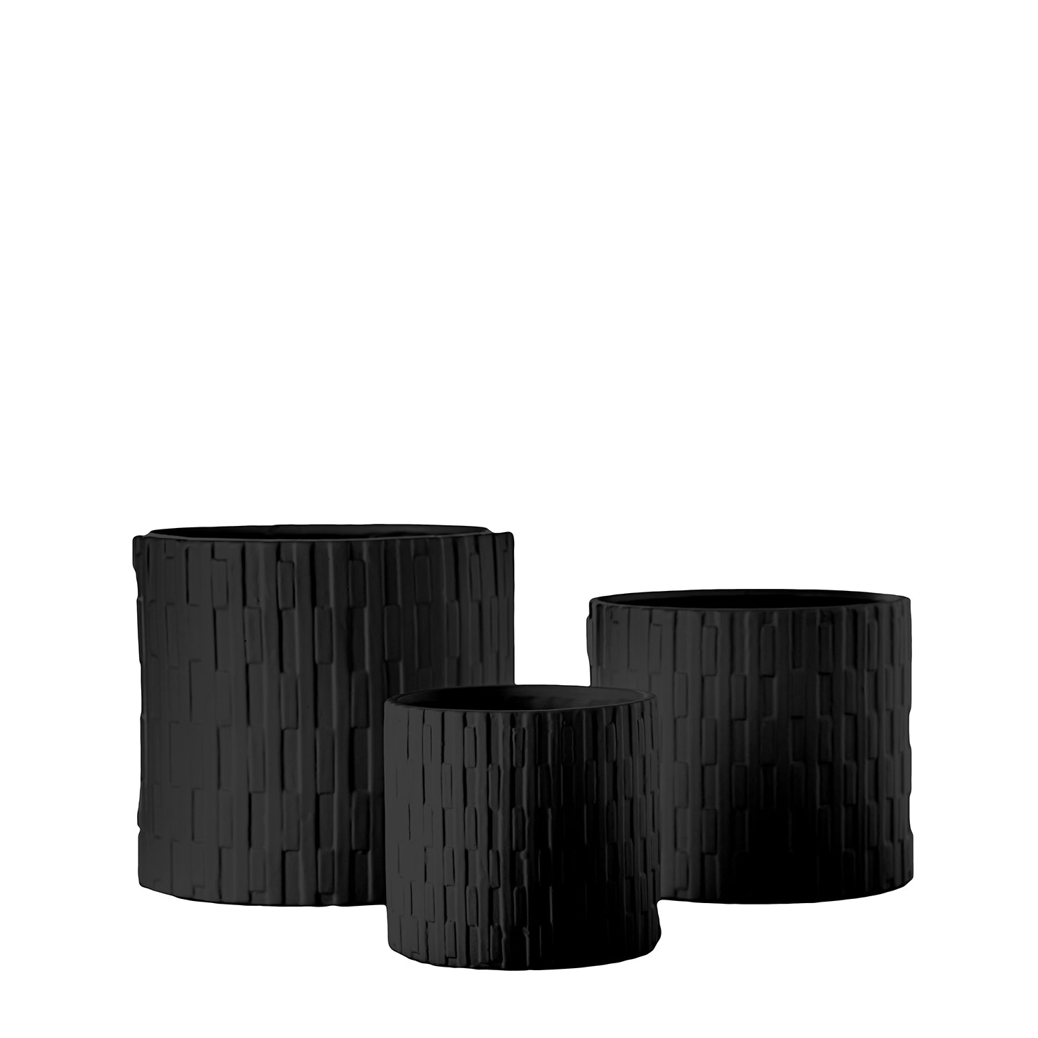 Three black textured planters of different sizes on a white background