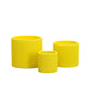 Three yellow woven planters of different sizes on a white background