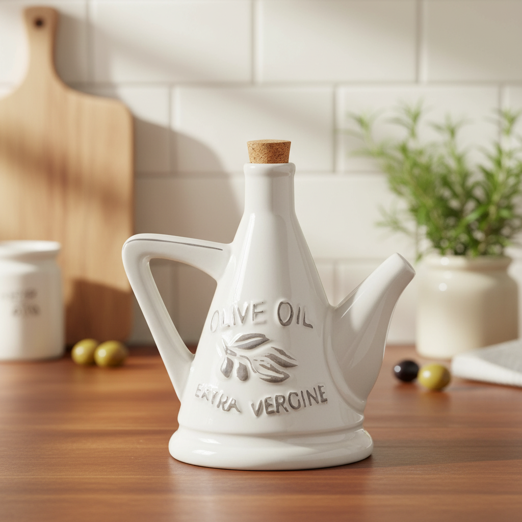 Jamaica Ceramic 24 oz. Olive Oil Pourer with Embossed Olives, Label, Cork Lid, and Handle
