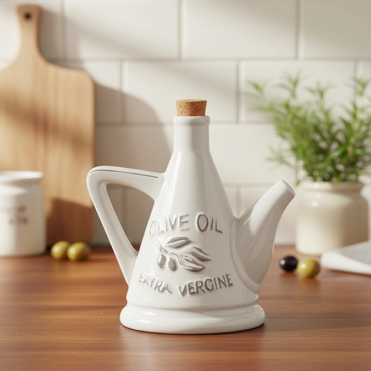 Jamaica Ceramic 24 oz. Olive Oil Pourer with Embossed Olives, Label, Cork Lid, and Handle