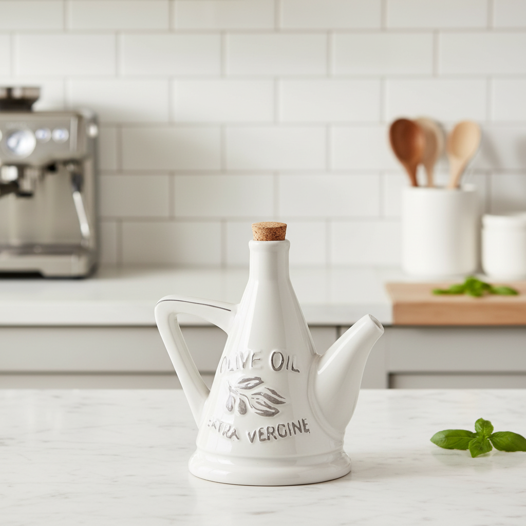 Jamaica Ceramic 24 oz. Olive Oil Pourer with Embossed Olives, Label, Cork Lid, and Handle