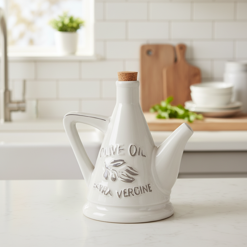 Jamaica Ceramic 24 oz. Olive Oil Pourer with Embossed Olives, Label, Cork Lid, and Handle