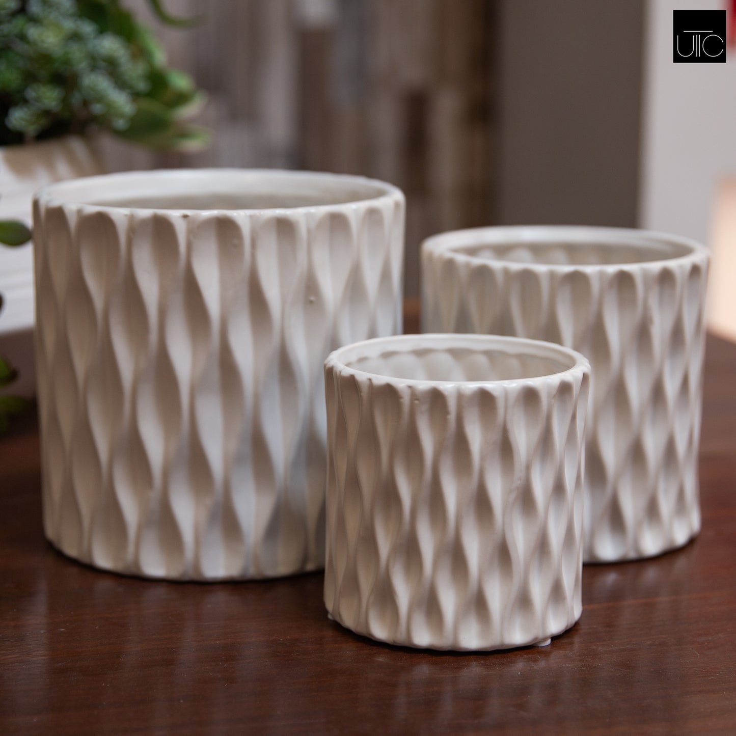 A set of three white ceramic cylindrical pots with embossed wave designs, displayed on a wooden surface.
