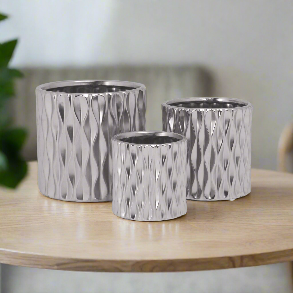 Ruelle Embossed Wave Round Ceramic Pot Set (Set of 3)