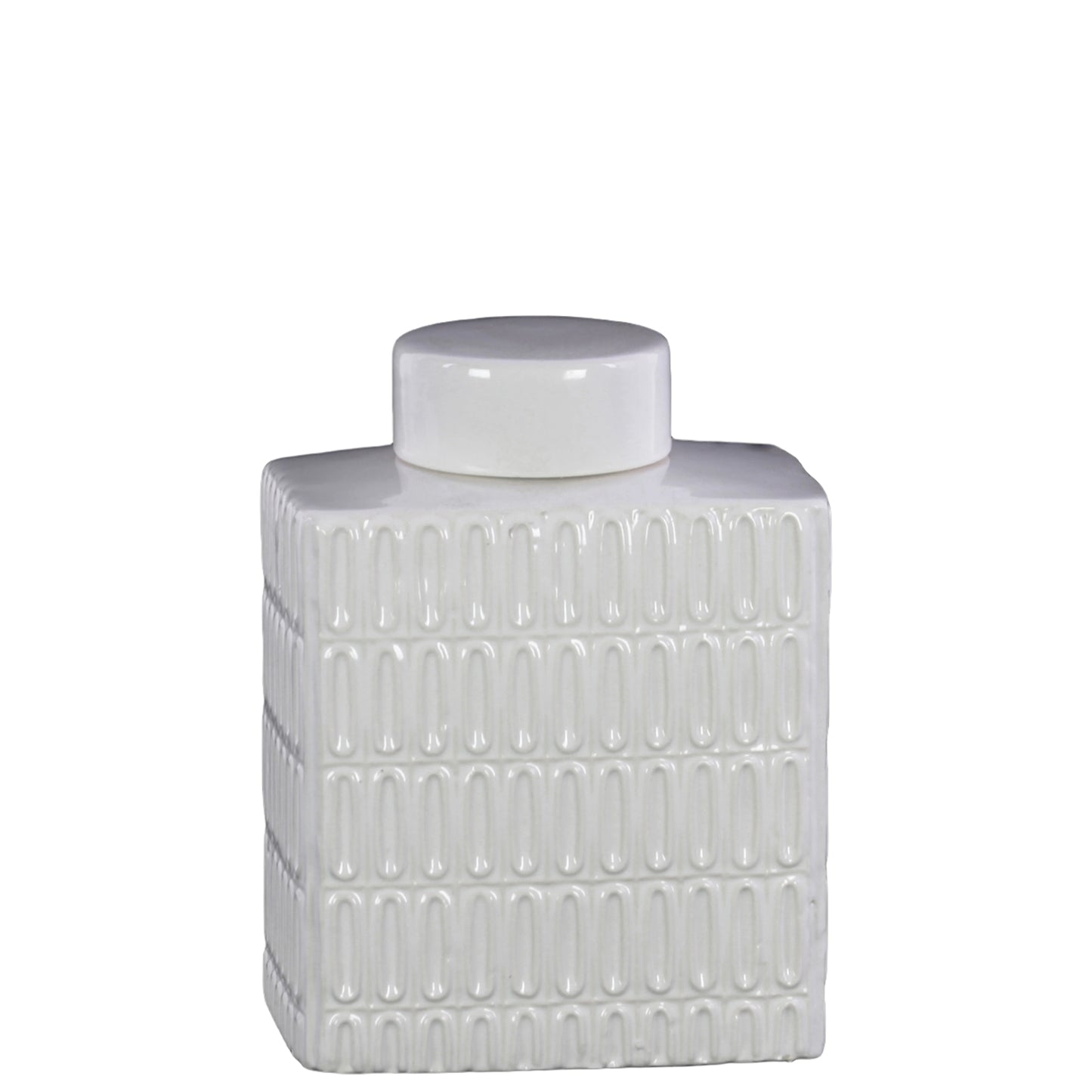 White textured ceramic jar with lid on a white background