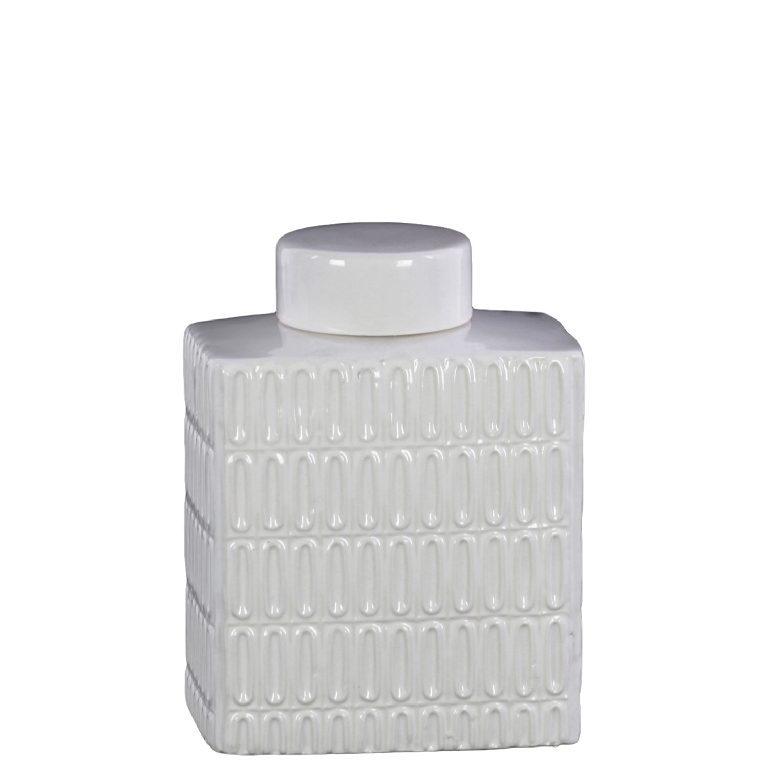 White textured ceramic jar with lid on a white background