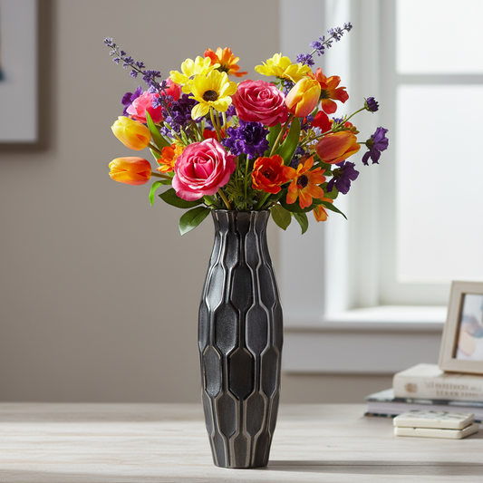 Jayla Ceramic Bellied Vase with Embossed Honeycomb Design