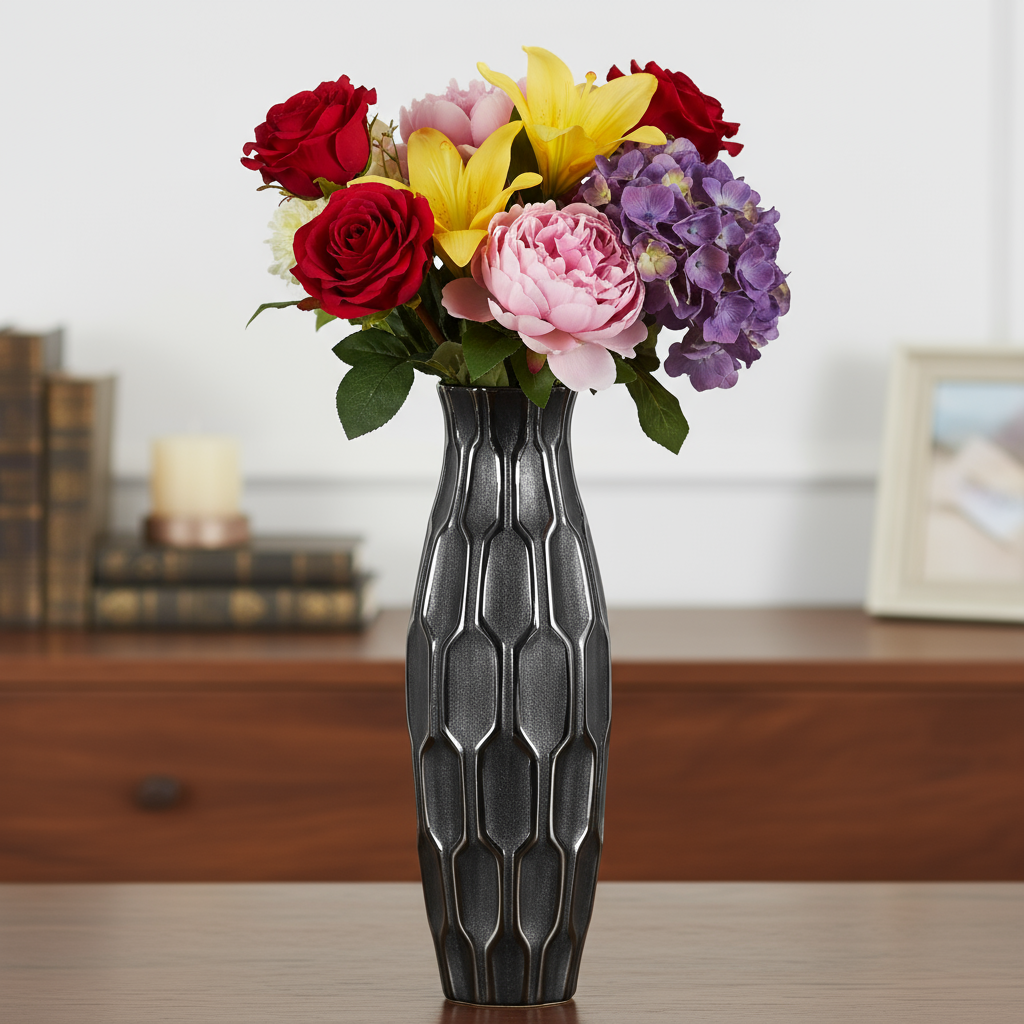 Jayla Ceramic Bellied Vase with Embossed Honeycomb Design