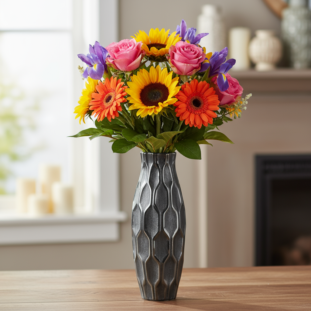 Jayla Ceramic Bellied Vase with Embossed Honeycomb Design