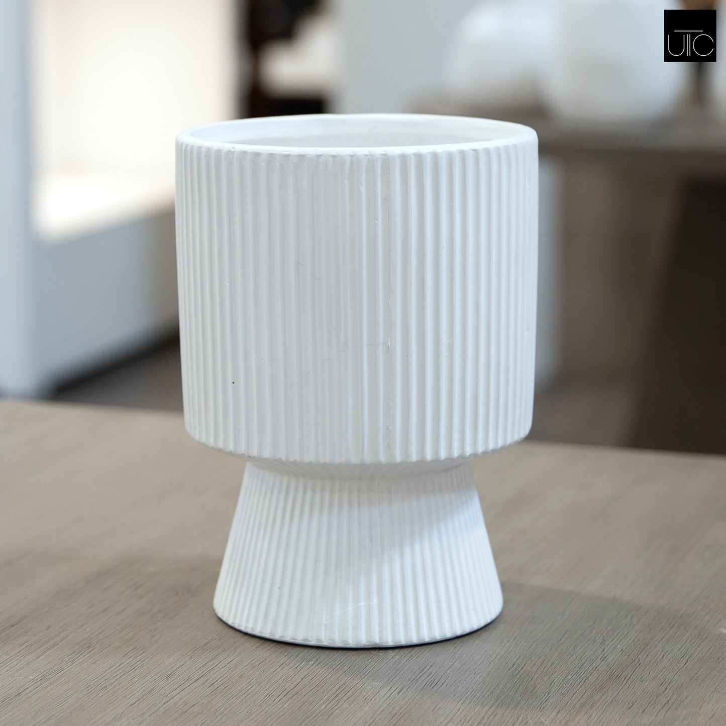 Oksana Ribbed Stoneware Vase with Tapered Pedestal Base