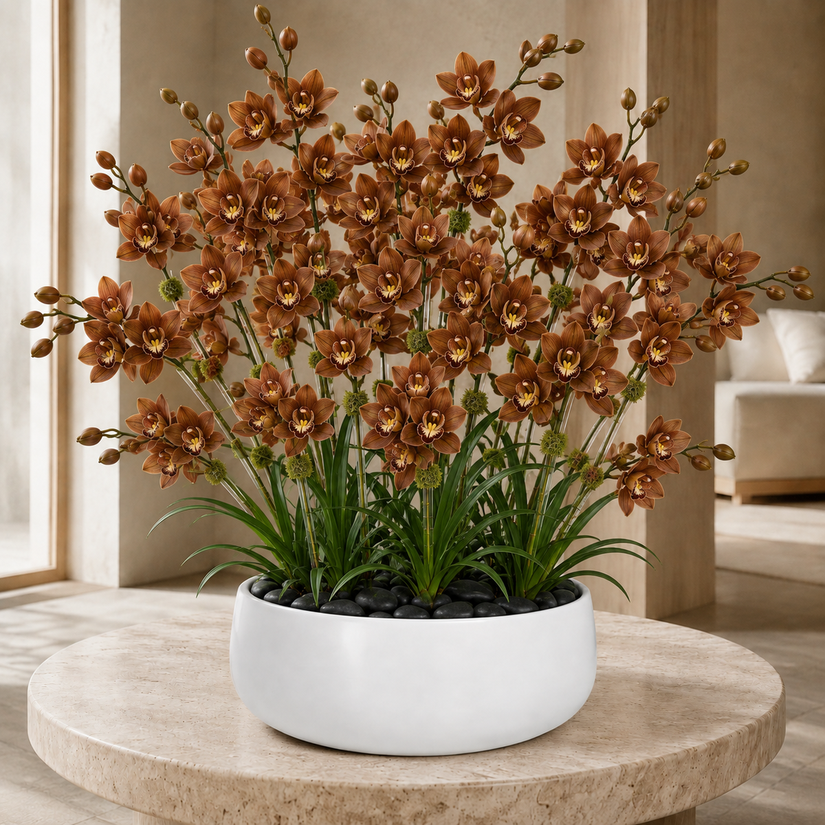 A potted artificial orchid arrangement with many medium-brown flowers, green leaves, and black stones in a round white planter, placed on a round stone table in a softly lit interior setting.