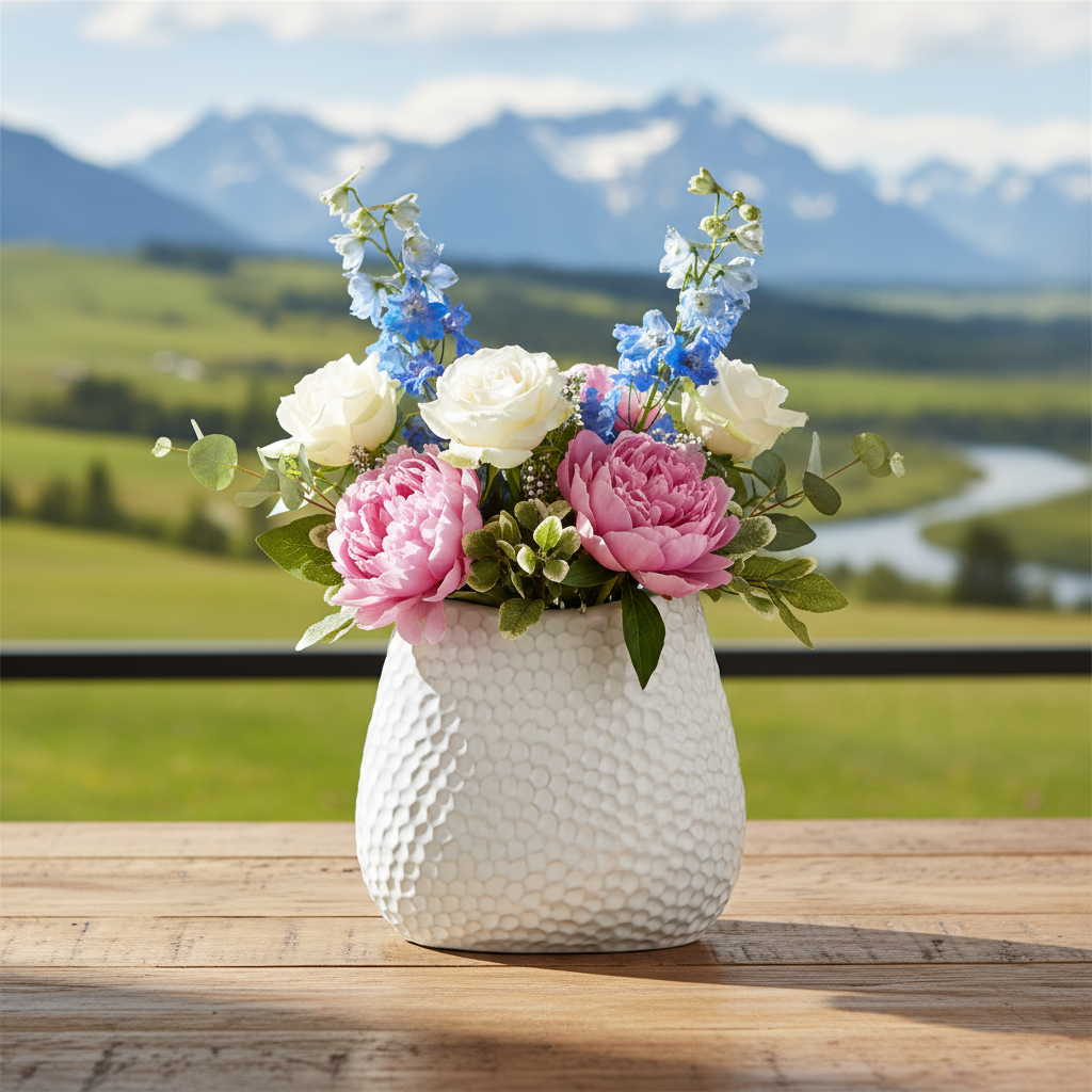 Mika Ceramic Oval Vase with Bent Lip and Pressed Hexagon Design