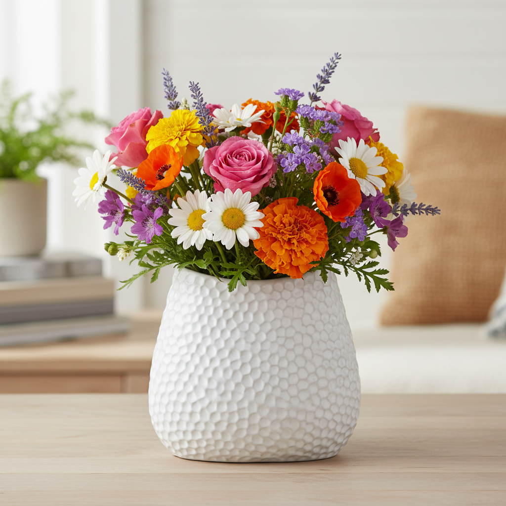 Mika Ceramic Oval Vase with Bent Lip and Pressed Hexagon Design