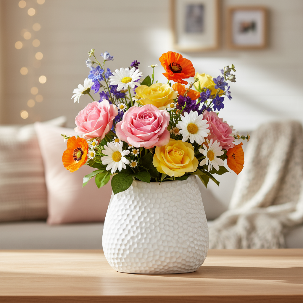 Mika Ceramic Oval Vase with Bent Lip and Pressed Hexagon Design